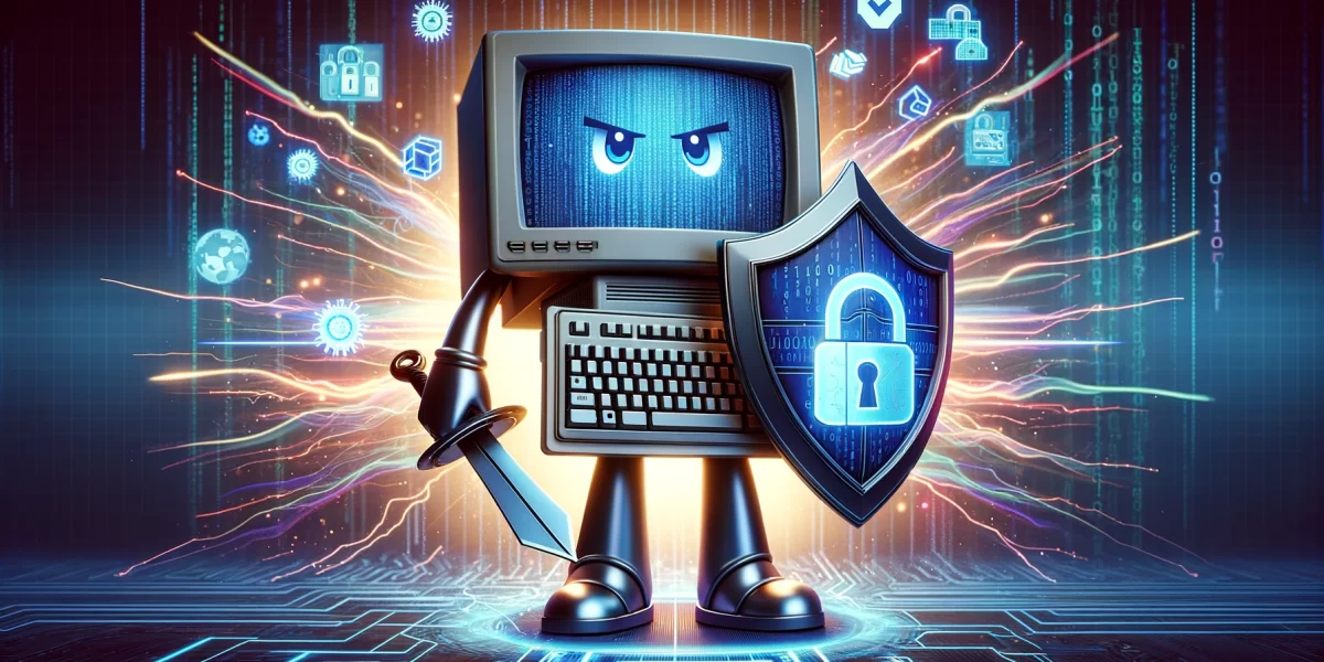 DALL·E 2024-02-23 15.17.44 - Visualize an anthropomorphic computer character in a rectangular image, standing valiantly with a shield to defend itself against virtual attacks. Thi